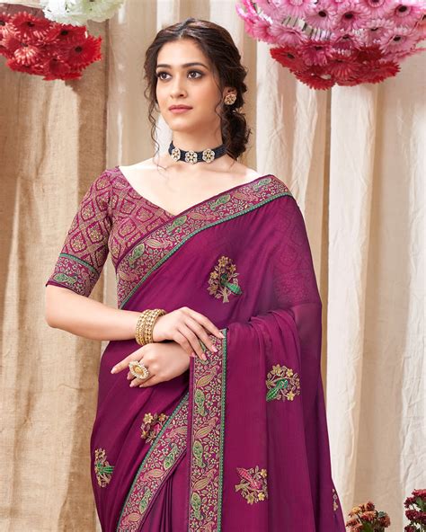 Vishal Prints Purple Chiffon Saree With Embroidery Work And Fancy Bord