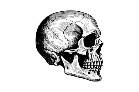 Human Skull In Woodcut Style Vector Engraving Sketch Illustration