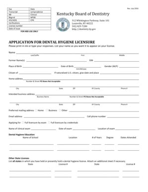 Fillable Online Dentistry Ky Application For Dental Hygiene Licensure