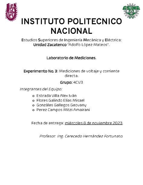 Pract 3 Mediciones INSTITUTO POLITECNICO NACIONAL Estudios Superiores