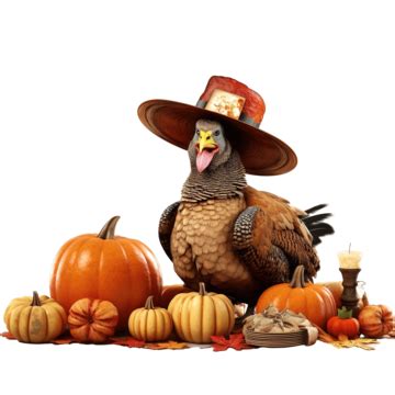 Happy Thanksgiving Happy Turkey In Pilgrim Hat Standing On The Pumpkin