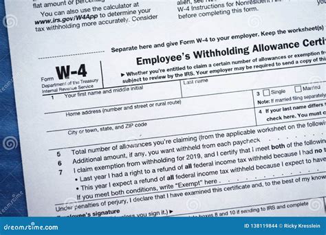 Form W 4 Employee`s Withholding Allowance Certificate Editorial Stock