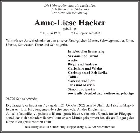 Traueranzeigen Von Anne Liese Hacker Trauer Gedenken