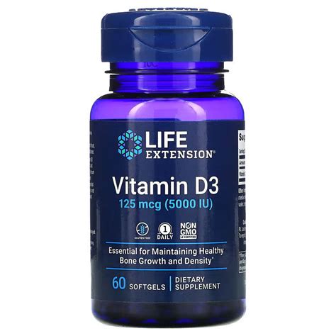 Капсулы витамин D3, 125 мкг (5000 МЕ), 60 капсул / Life Vitamin D3 ...