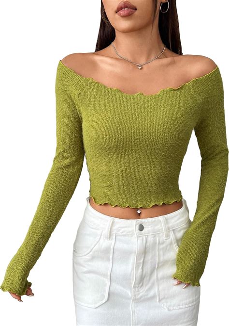 Amazon SHENHE Women S Knitted Off Shoulder Lettuce Trim Long