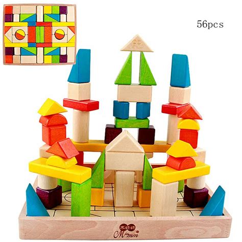 56pcs Kids Classic wooden colorful shape cognitive Building blocks Toys ...