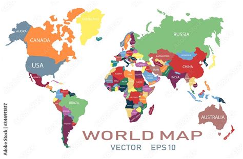 A bright, multi-colored map of the world divided into countries ...