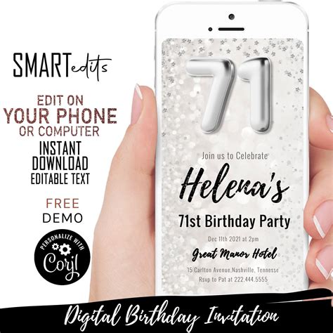 Editable 71st Birthday DIGITAL Invitation Silver Glitter 71 Etsy