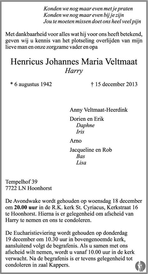 Henricus Johannes Maria Harry Veltmaat Overlijdensbericht