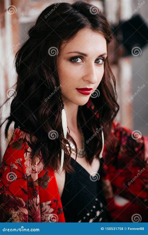 Portrait Of Beautiful Brunette Girl In Boho Style Stock Photo Image Of Beauty Green 150531758