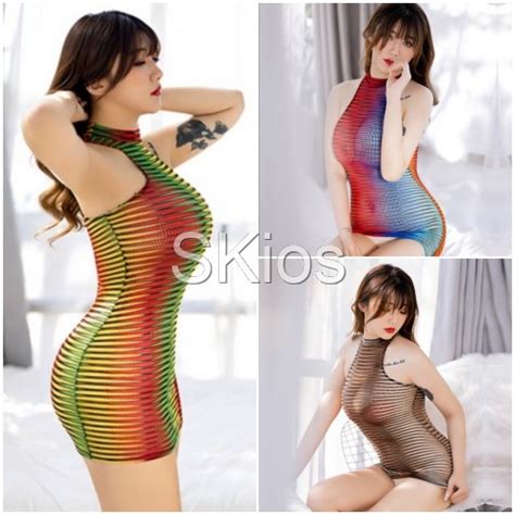 Jual Sexy Lingerie Transparan Color Striped High Neck Dress Ketat Baju