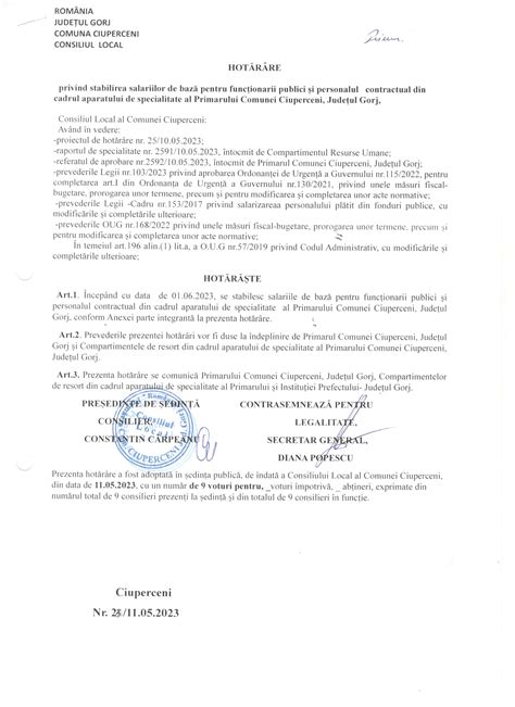 Hot R Ri Ale Consiliului Local Prim Ria Ciuperceni Gorj
