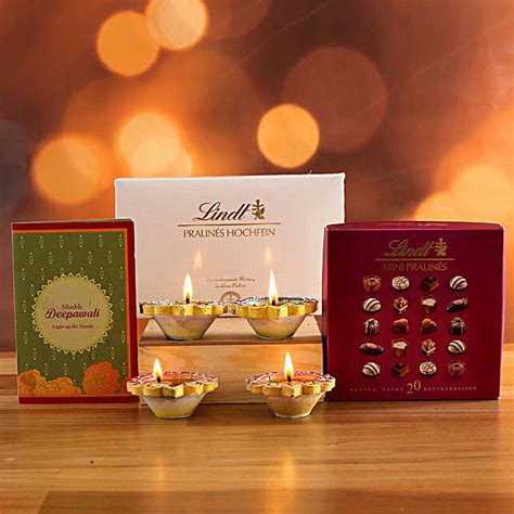 Set Of 4 Traditional Diyas And Lindt Chocolates Germany Gift Set Of 4