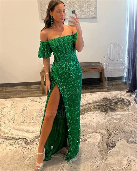 Shop Off The Shoulder Green Sequin Prom Dress With Side Slit From