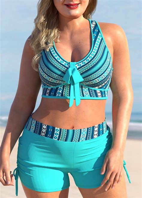 Tribal Print Striped Cyan Mid Waist Bikini Set Modlily USD 32 98