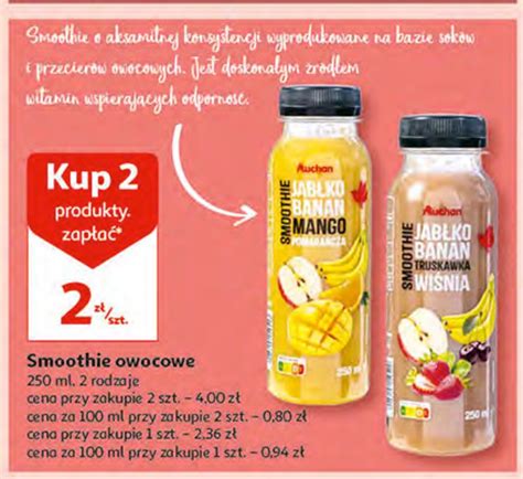 Smoothie jabłko banan mango pomarańcza Auchan różnorodne logo czerwone