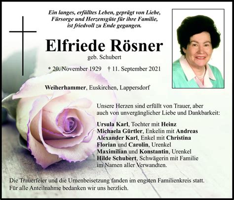 Traueranzeige Elfriede R Sner Weiherhammer Oberpfalzecho