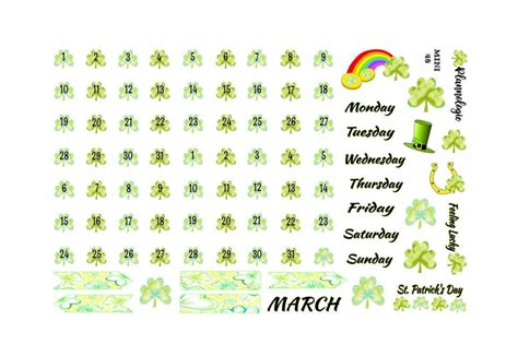 Shamrock Date Covers Watercolor Planner Stickers Happy St Patricks Day Stickers March Spring