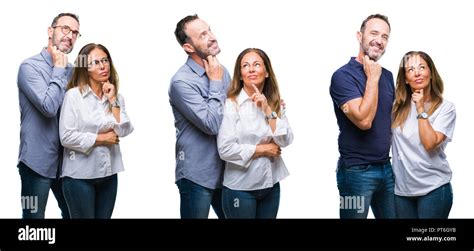 Collage Of Middle Age Mature Beautiful Couple Of Senior Wife And Husband Over White Isolated