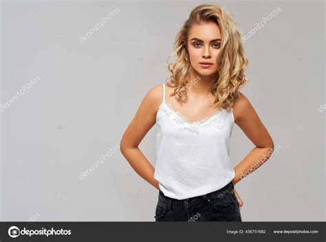 Portrait Beautiful Sexy Blonde Woman Gray Background Stock Photo By