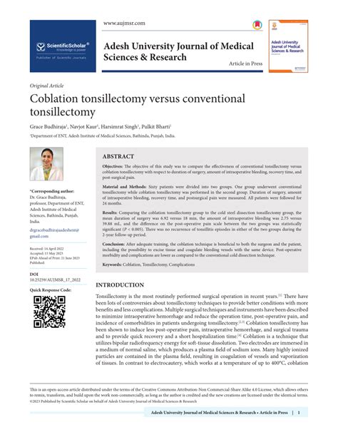 PDF Coblation Tonsillectomy Versus Conventional Tonsillectomy