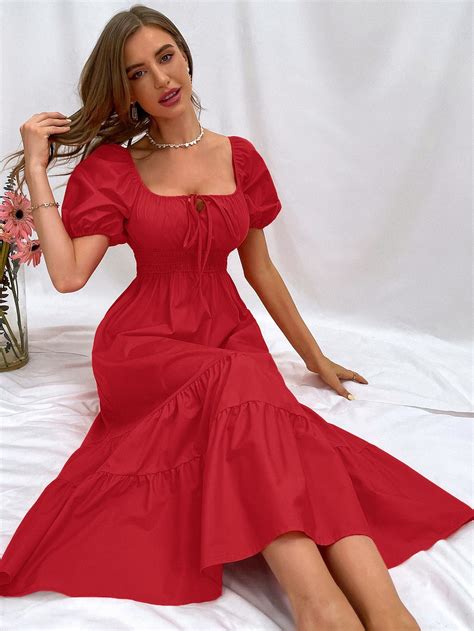 Puff Sleeve Tie Front Shirred Waist Ruffle Hem Dress Dresses Red