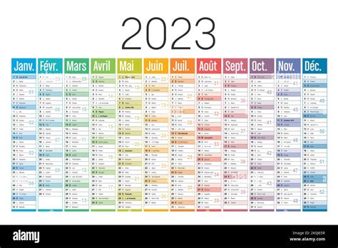 Año 2023 Calendario colorido en lengua francesa sobre fondo blanco