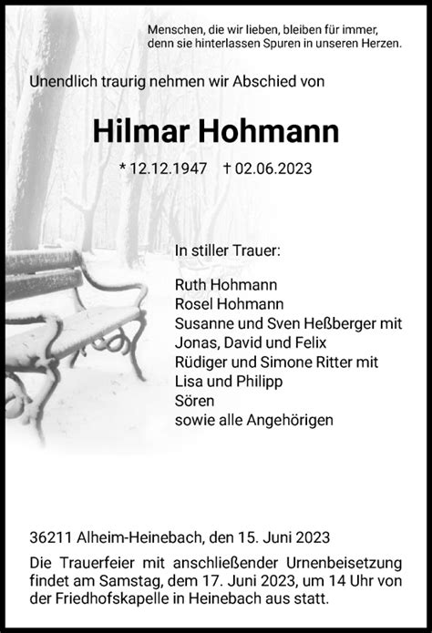 Traueranzeigen Von Hilmar Hohmann Trauer Hna De