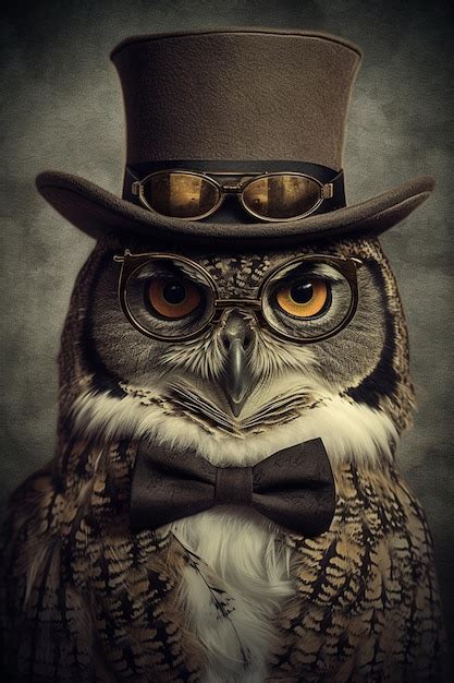 Premium Photo An Owl With A Hat And Glasses Is Wearing A Top Hat And A Bow Tie