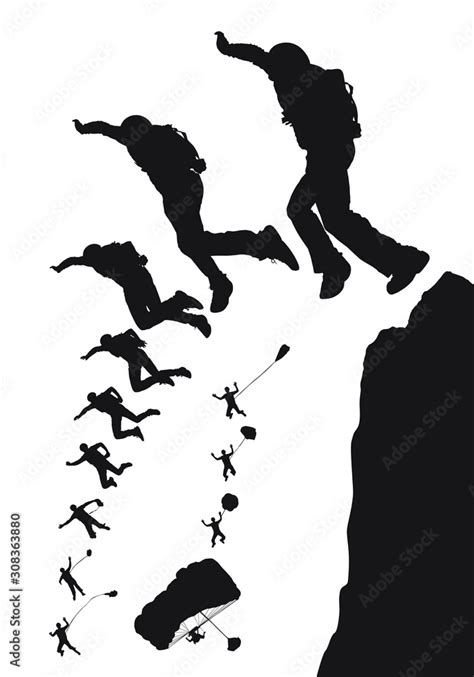 Vector silhouette of a BASE jumper jumping off a cliff. Stock Vector ...