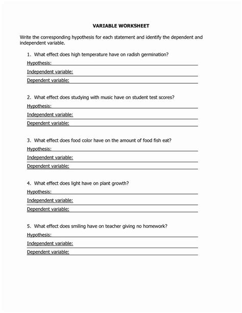 Independent Versus Dependent Variable Worksheet