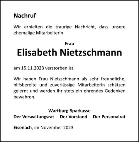 Traueranzeigen Von Elisabeth Nietzschmann Trauer In Thueringen De