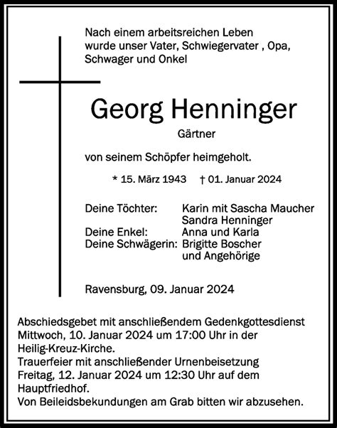 Traueranzeigen Von Georg Henninger Schwaebische De Trauerportal