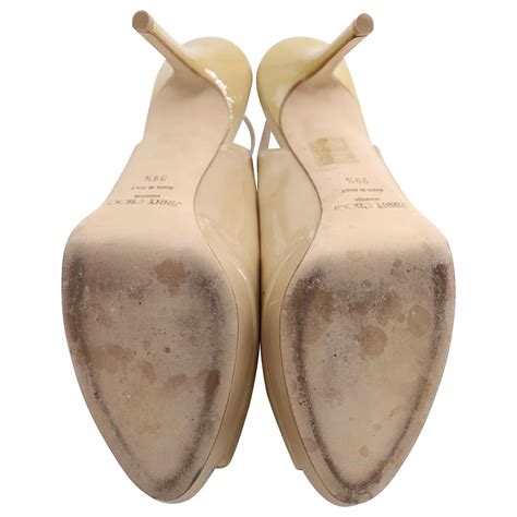 Jimmy Choo Peep Toe Sling Back Pumps In Nude Patent Leather Flesh Ref