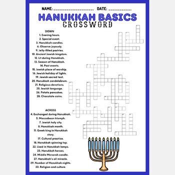 HANUKKAH BASICS Crossword Puzzle Worksheet Activity By Mind Games Studio