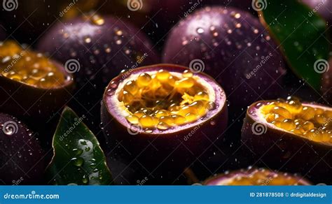 Overhead Shot Of Passion Fruits With Visible Water Drops Close Up