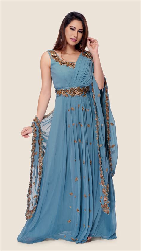 Simply Splendid An Intricately Crafted Saree Style Gown With Cape And Belt