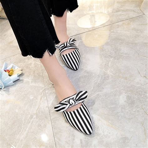 La Maxpa Female Flat Slides Half Slippers Lady Black White Striped ...