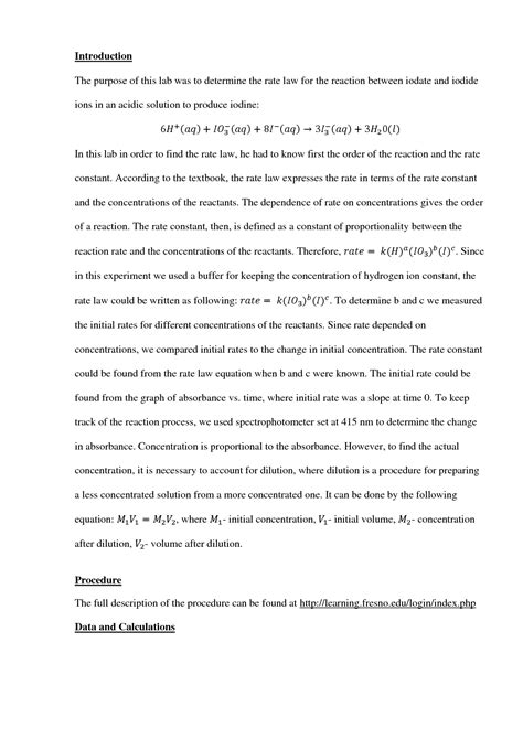 SOLUTION Chemistry 102 Lab Report Determine The Rate Law For The