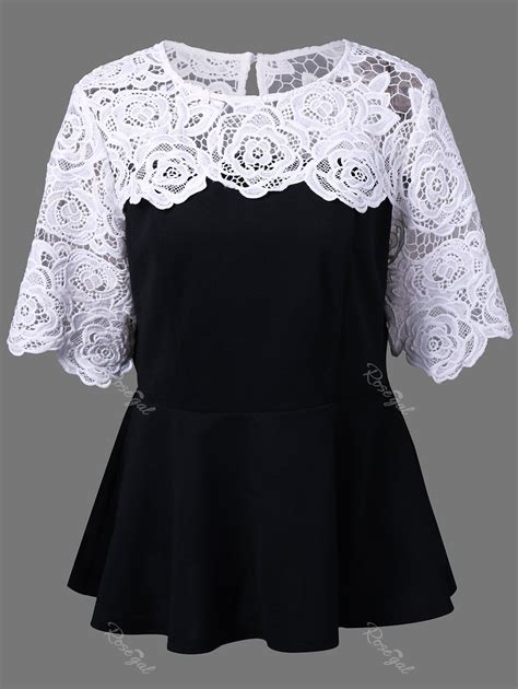 Off Plus Size Lace Insert Peplum Top Rosegal