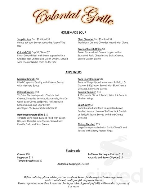 Colonial Hotel menu in Gardner, Massachusetts, USA