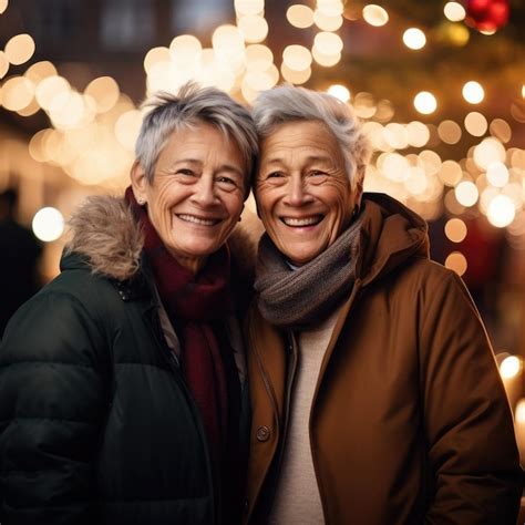 Premium Ai Image A Cozy Christmas Night Cheerful Older Gay Women Posing Close Together In