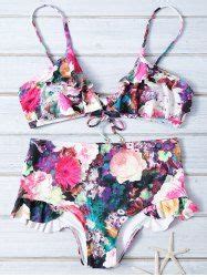 10 OFF Flounce Floral Print High Waist Bikini Rosegal