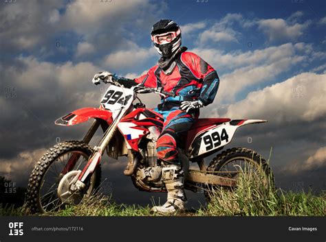 Motocross Rider Posing On His Bike Stock Photo Offset