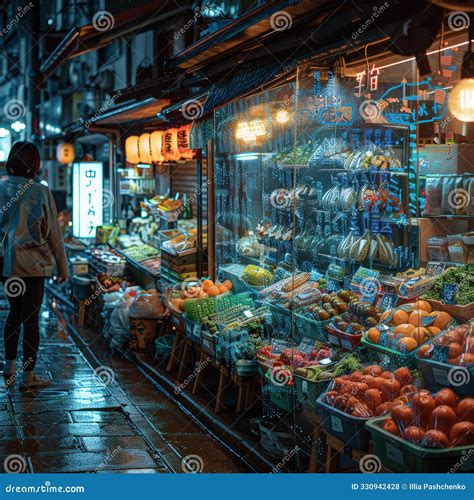 A Bustling Market Street Where People Interact with Augmented Reality