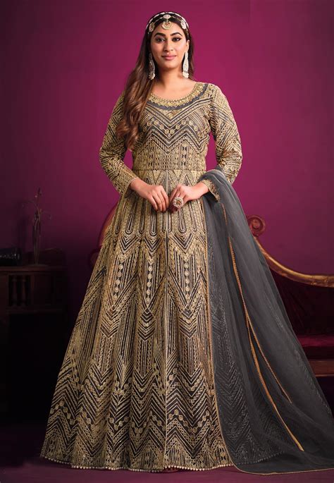 Grey Net Embroidered Long Anarkali Suit 261143