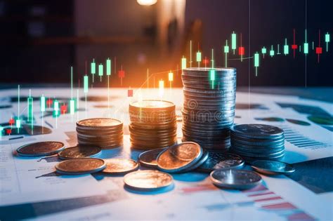 Stacks Of Coins With Digital Candlestick Charts Dim Background