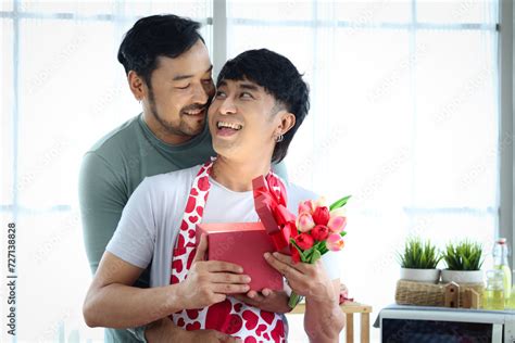 Happy Smiling Lgbt Couple Share Special Moment Together On Valentine Day Asian Gay Male Opening