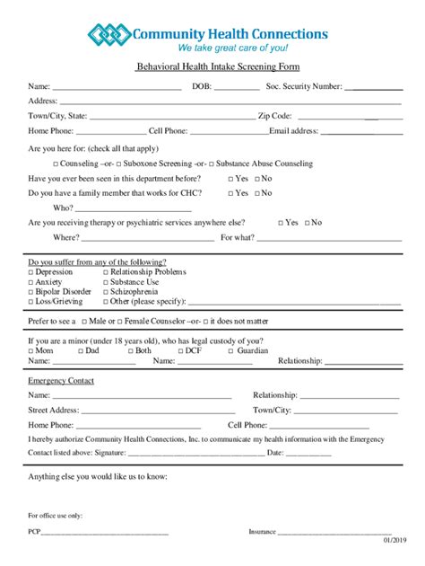 Fillable Online Behavioral Health Intake Screening Form