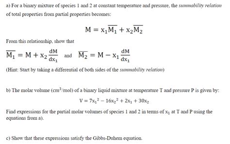 Solved A For A Binary Mixture Of Species 1 And 2 At Chegg